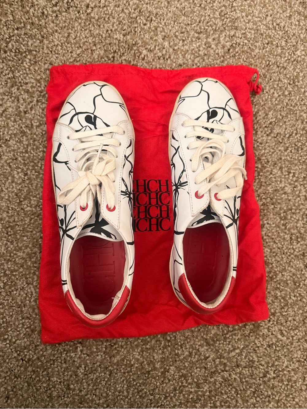 Carolina Herrera White Sneakers with Black Floral Print and Red Accents